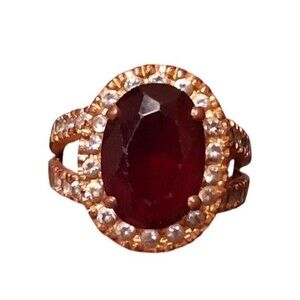 Red Oval Stone Halo Cocktail Ring Size 7 Gold Tone